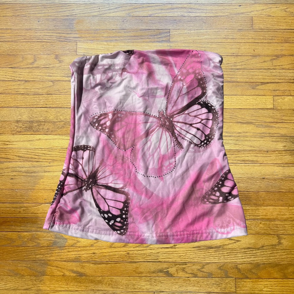 Faded Rose Pink Butterfly Rhinestone Tube Top Strapless Y2K Small